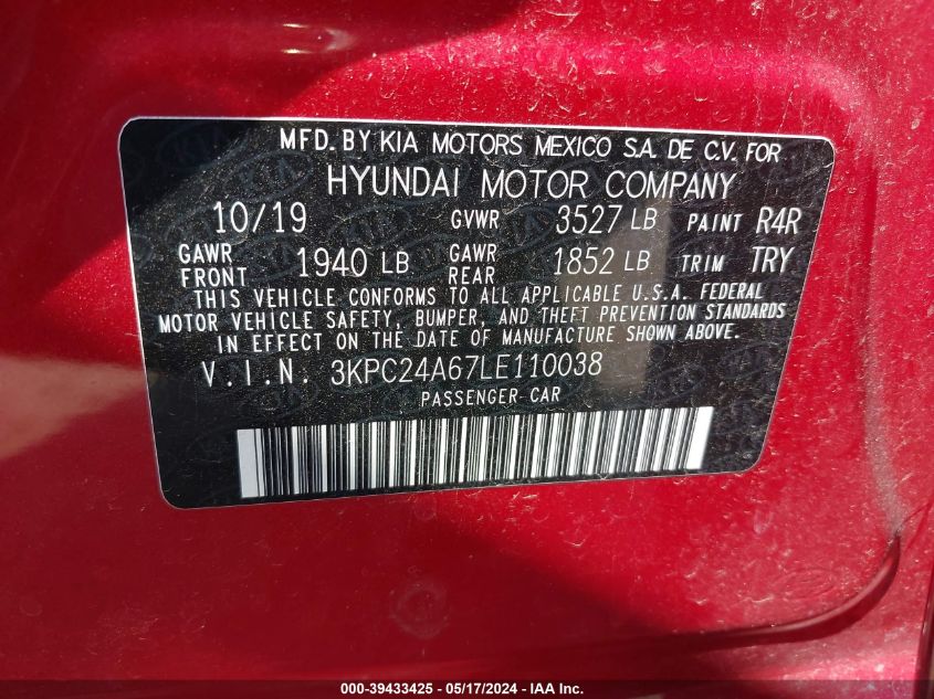 2020 Hyundai Accent Se VIN: 3KPC24A67LE110038 Lot: 39433425