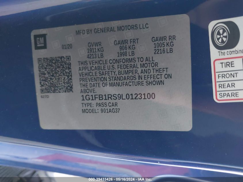 2020 Chevrolet Camaro Rwd 1Lt VIN: 1G1FB1RS9L0123100 Lot: 39433426