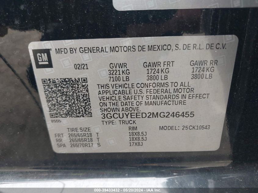 2021 Chevrolet Silverado 1500 4Wd Short Bed Rst VIN: 3GCUYEED2MG246455 Lot: 39433432