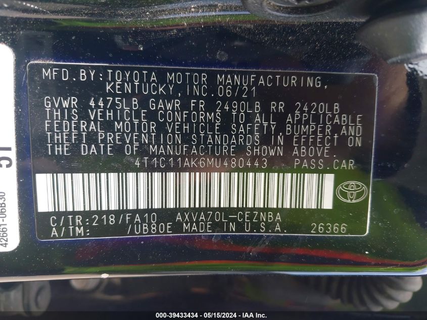 2021 Toyota Camry Le VIN: 4T1C11AK6MU480443 Lot: 39433434