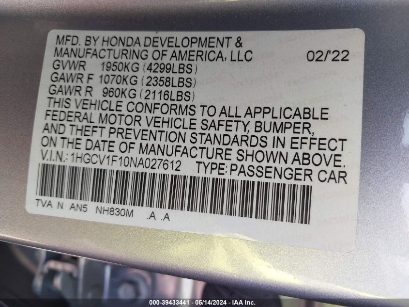 2022 Honda Accord Lx VIN: 1HGCV1F10NA027612 Lot: 39433441