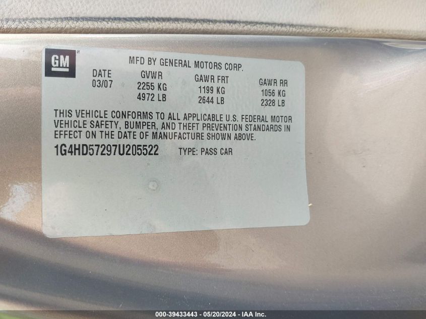 2007 Buick Lucerne Cxl VIN: 1G4HD57297U205522 Lot: 39433443