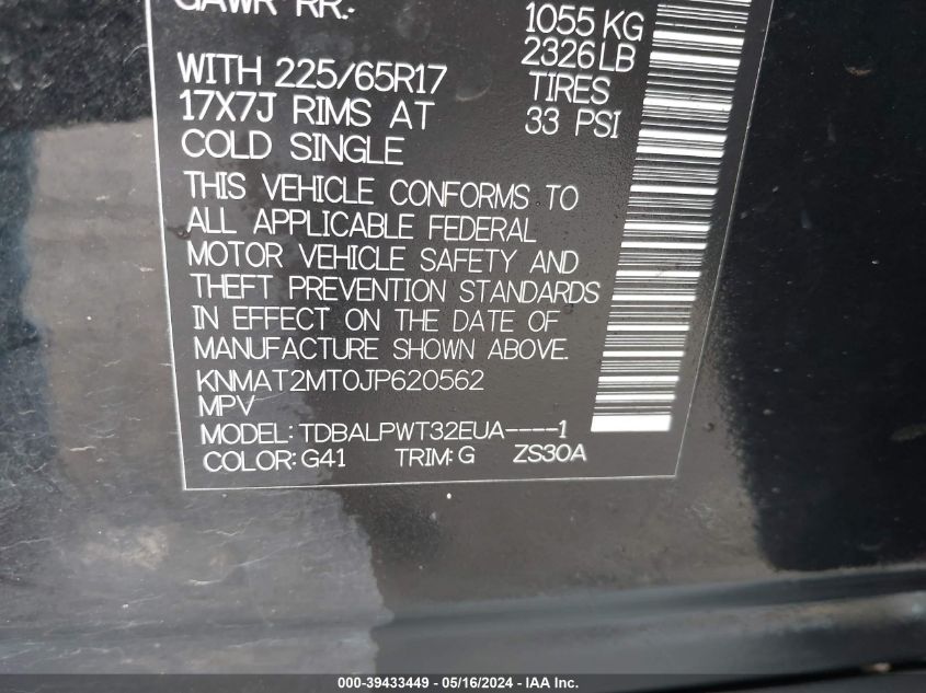 2018 Nissan Rogue S VIN: KNMAT2MT0JP620562 Lot: 39433449