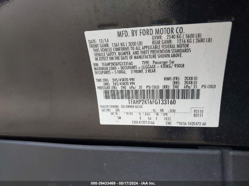 2015 Ford Taurus Sho VIN: 1FAHP2KT6FG133160 Lot: 39433469