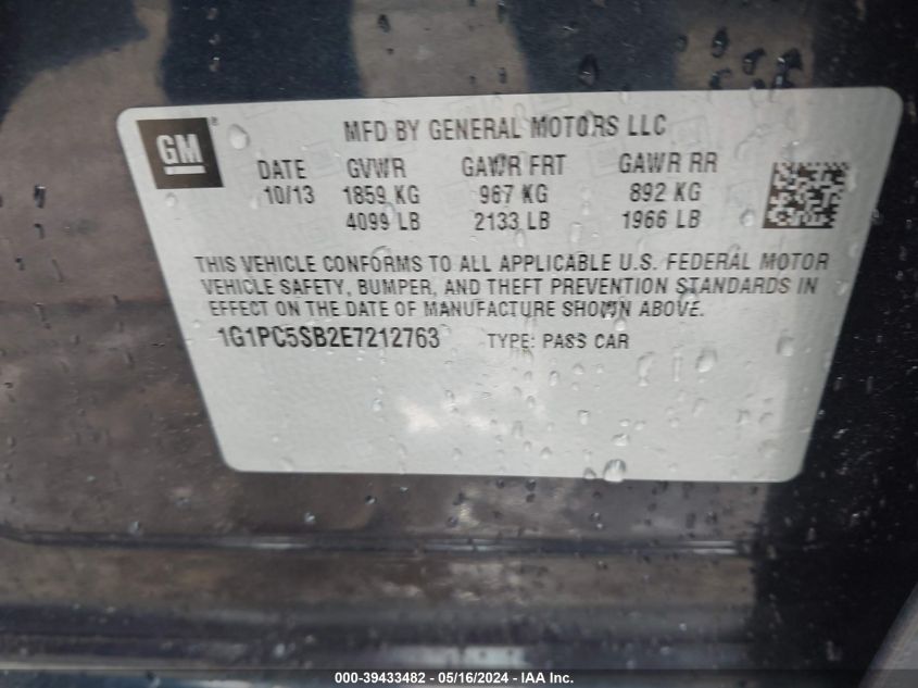 2014 Chevrolet Cruze 1Lt Auto VIN: 1G1PC5SB2E7212763 Lot: 39433482