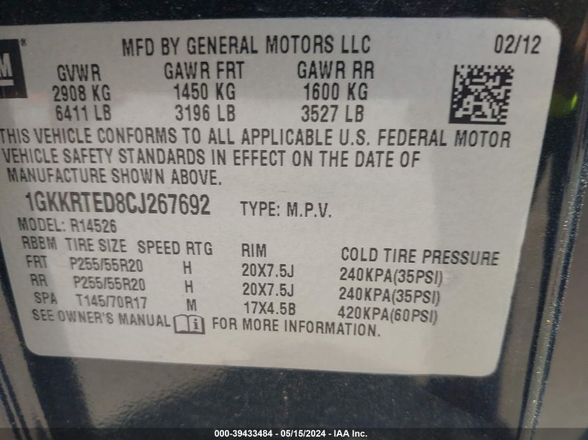 1GKKRTED8CJ267692 2012 GMC Acadia Denali