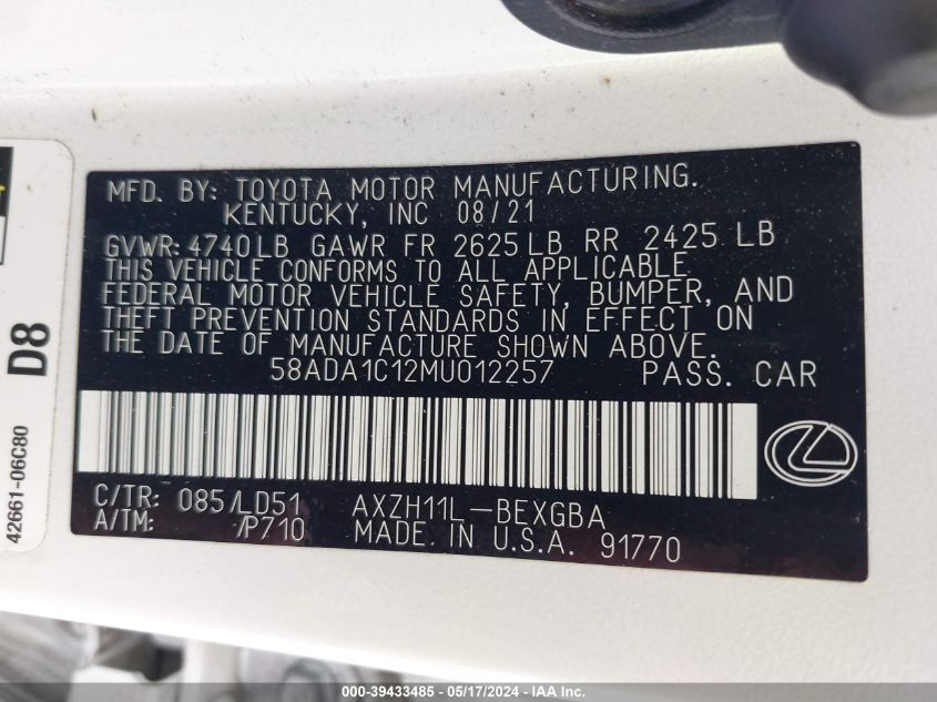 2021 Lexus Es 300H VIN: 58ADA1C12MU012257 Lot: 39433485