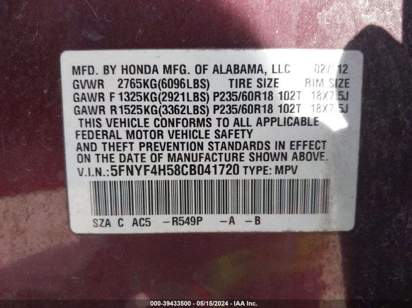 2012 Honda Pilot Ex-L VIN: 5FNYF4H58CB041720 Lot: 39433500