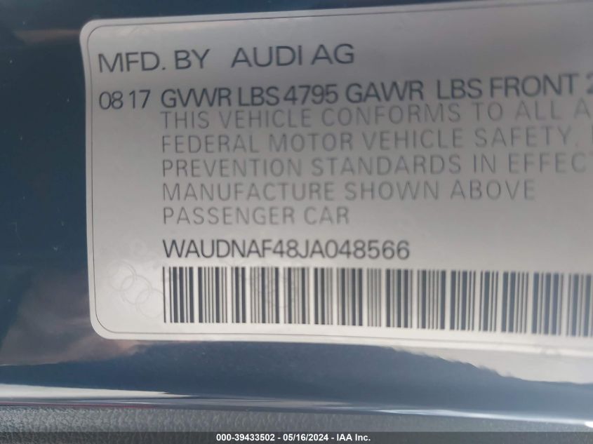 2018 Audi A4 2.0T Premium/2.0T Tech Premium VIN: WAUDNAF48JA048566 Lot: 39433502