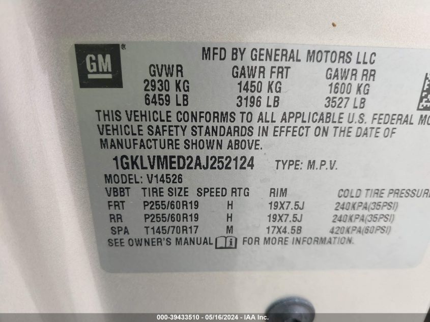 2010 GMC Acadia Slt-1 VIN: 1GKLVMED2AJ252124 Lot: 39433510