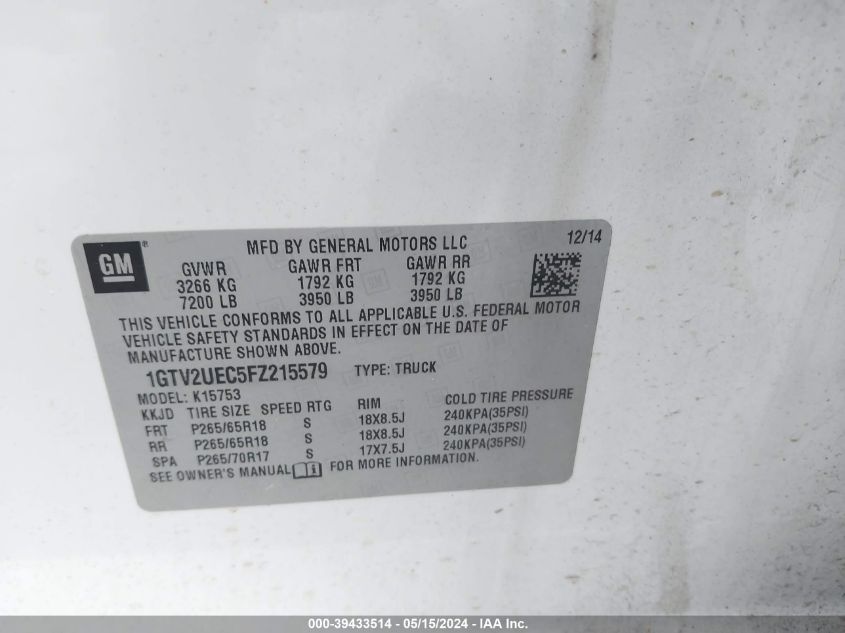 2015 GMC Sierra 1500 Sle VIN: 1GTV2UEC5FZ215579 Lot: 39433514