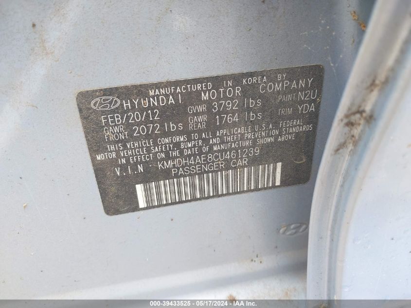 2012 Hyundai Elantra Gls (Ulsan Plant) VIN: KMHDH4AE8CU461239 Lot: 39433525