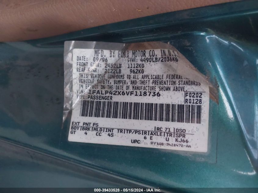 1997 Ford Mustang Gt VIN: 1FALP42X6VF118736 Lot: 39433528