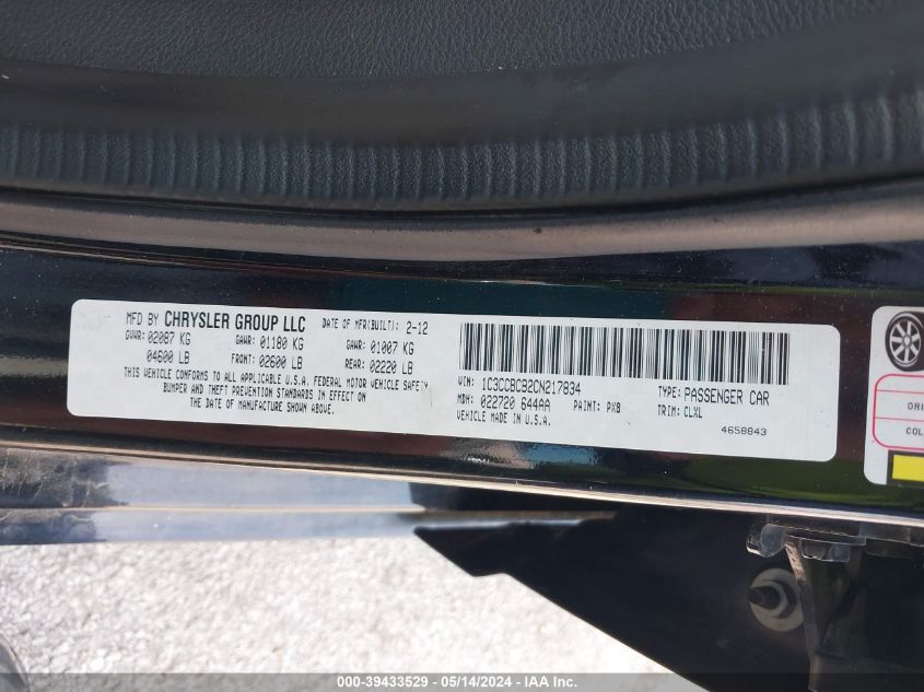 2012 Chrysler 200 Limited VIN: 1C3CCBCB2CN217834 Lot: 39433529