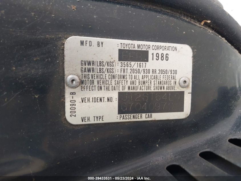 1986 Toyota Celica Gt VIN: JT2ST64L0G7040970 Lot: 39433531