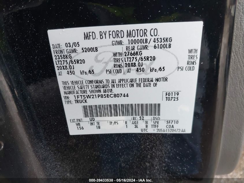 2005 Ford F-250 Lariat/Xl/Xlt VIN: 1FTSW21P85EC80744 Lot: 39433538