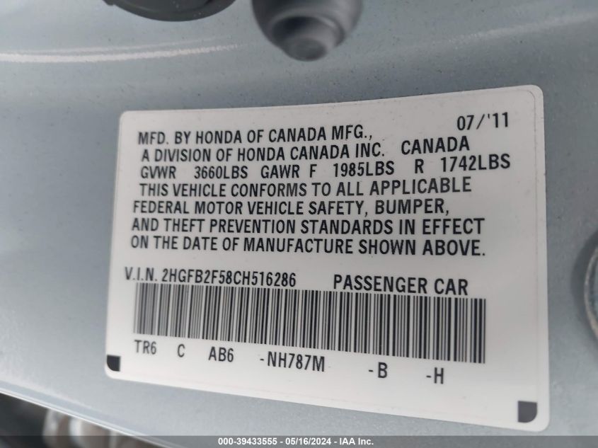 2012 Honda Civic Lx VIN: 2HGFB2F58CH516286 Lot: 39433555