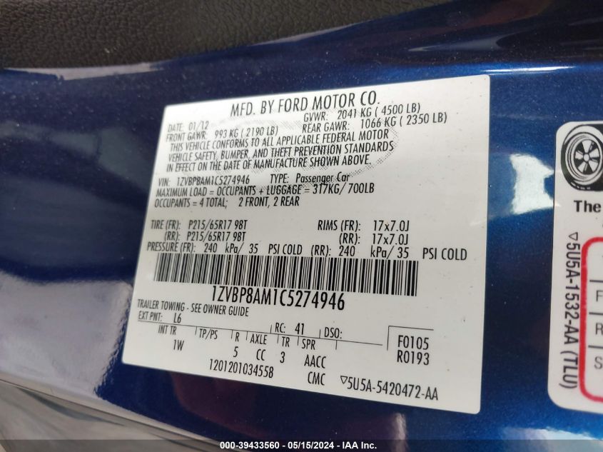 2012 Ford Mustang V6 VIN: 1ZVBP8AM1C5274946 Lot: 39433560