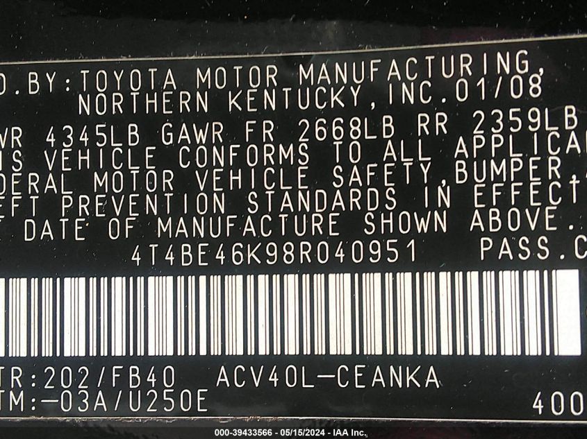 2008 Toyota Camry Le VIN: 4T4BE46K98R040951 Lot: 39433566