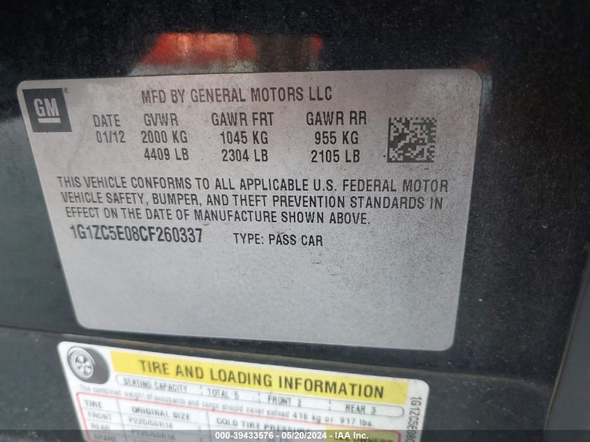 1G1ZC5E08CF260337 2012 Chevrolet Malibu 1Lt