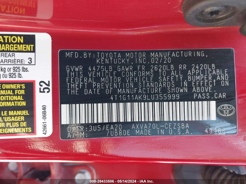 2020 Toyota Camry Se VIN: 4T1G11AK9LU355999 Lot: 39433586