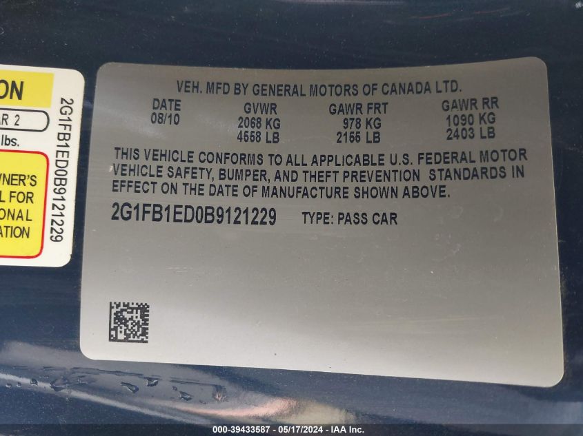 2011 Chevrolet Camaro 1Lt VIN: 2G1FB1ED0B9121229 Lot: 39433587