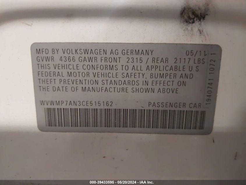 2012 Volkswagen Cc Sport VIN: WVWMP7AN3CE515162 Lot: 39433595