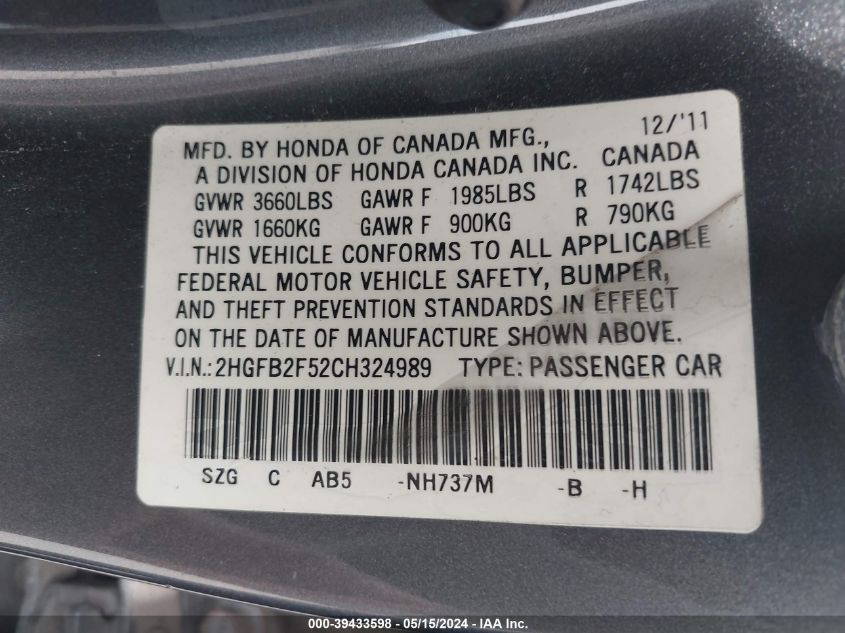 2012 Honda Civic Lx VIN: 2HGFB2F52CH324989 Lot: 39433598