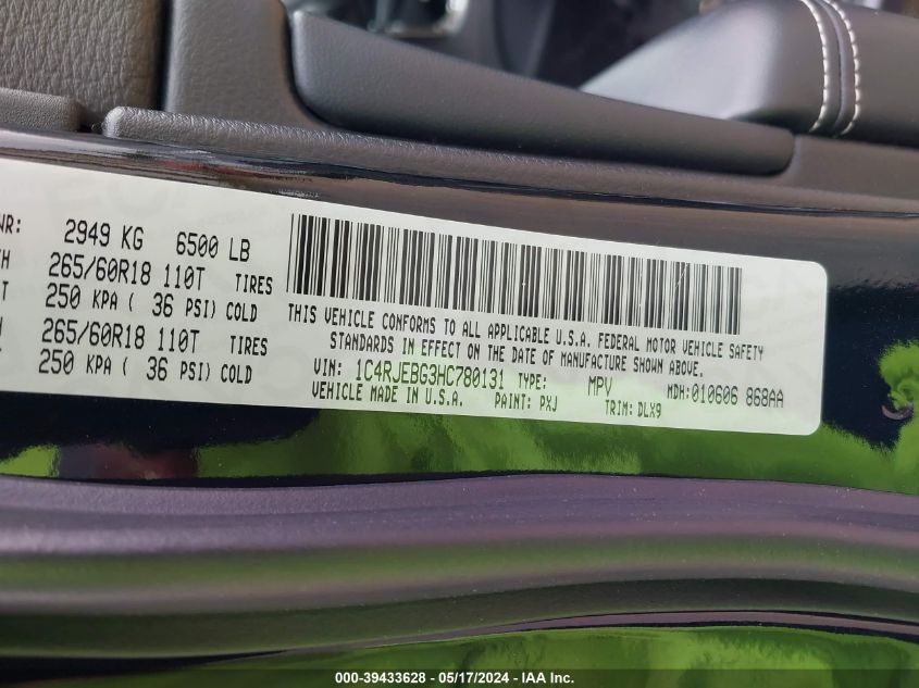 2017 Jeep Grand Cherokee Limited 4X2 VIN: 1C4RJEBG3HC780131 Lot: 39433628
