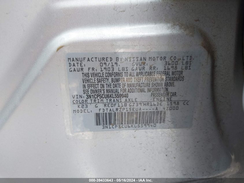 2019 Nissan Kicks S VIN: 3N1CP5CU6KL559940 Lot: 39433643