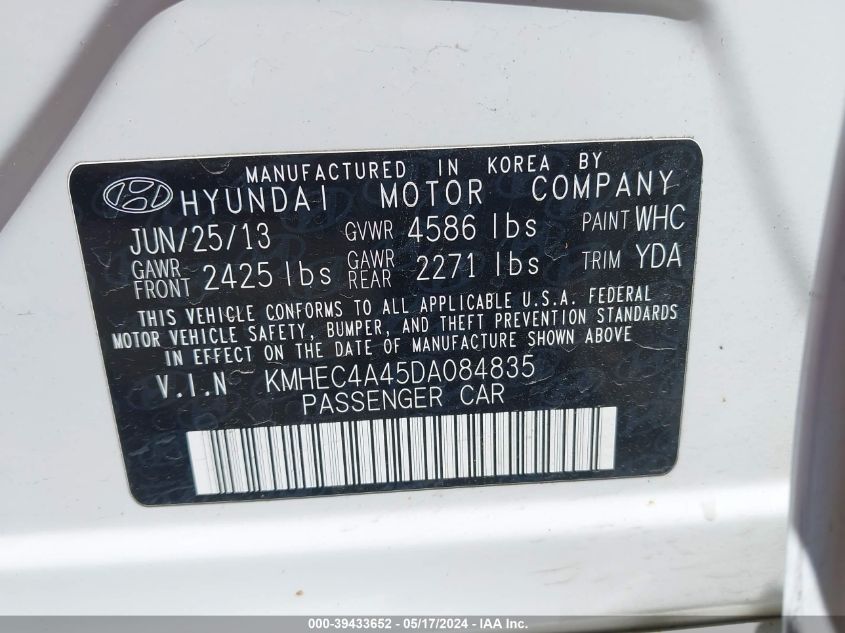 2013 Hyundai Sonata Hybrid Limited VIN: KMHEC4A45DA084835 Lot: 39433652