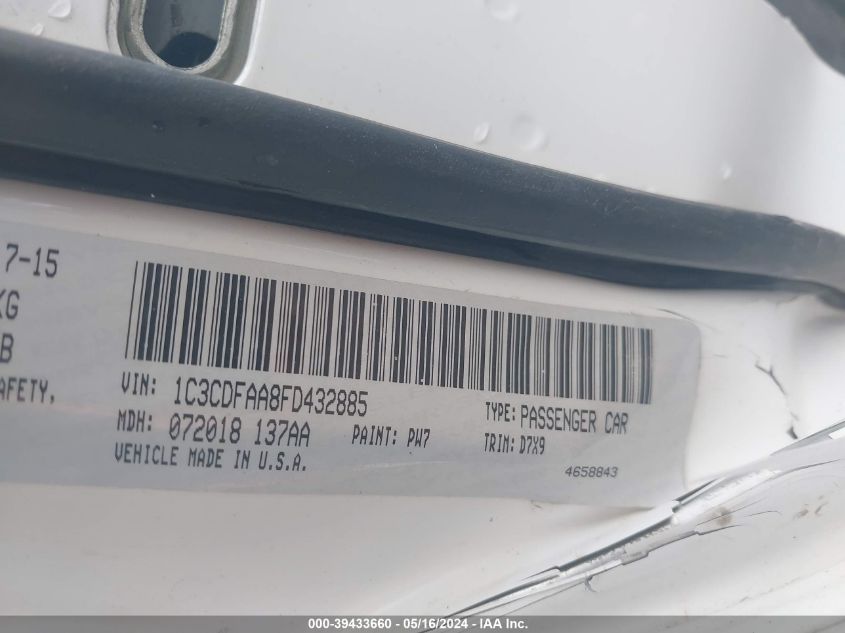 2015 Dodge Dart Se VIN: 1C3CDFAA8FD432885 Lot: 39433660