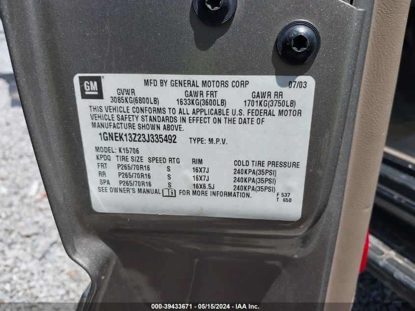 2003 Chevrolet Tahoe Lt VIN: 1GNEK13Z23J335492 Lot: 39433671