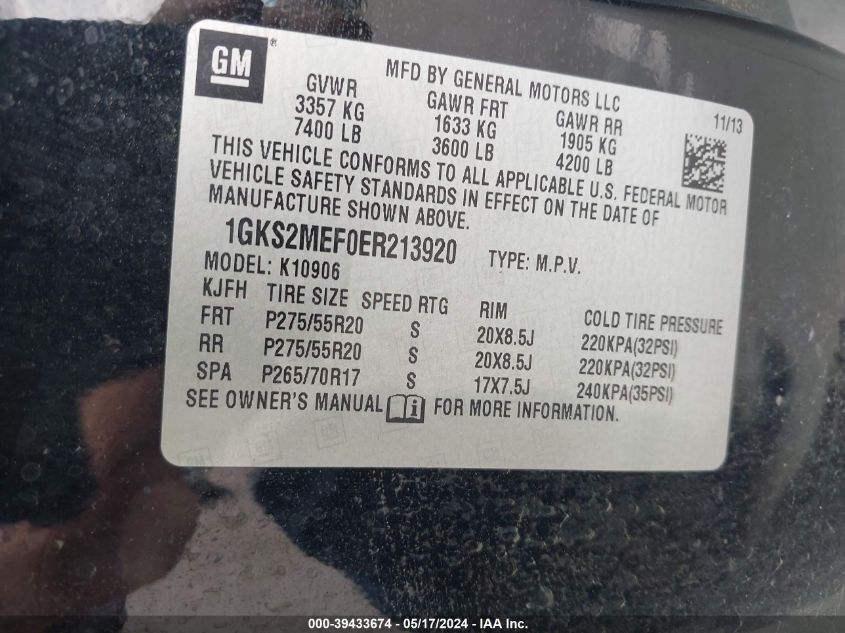 2014 GMC Yukon Xl 1500 Denali VIN: 1GKS2MEF0ER213920 Lot: 39433674