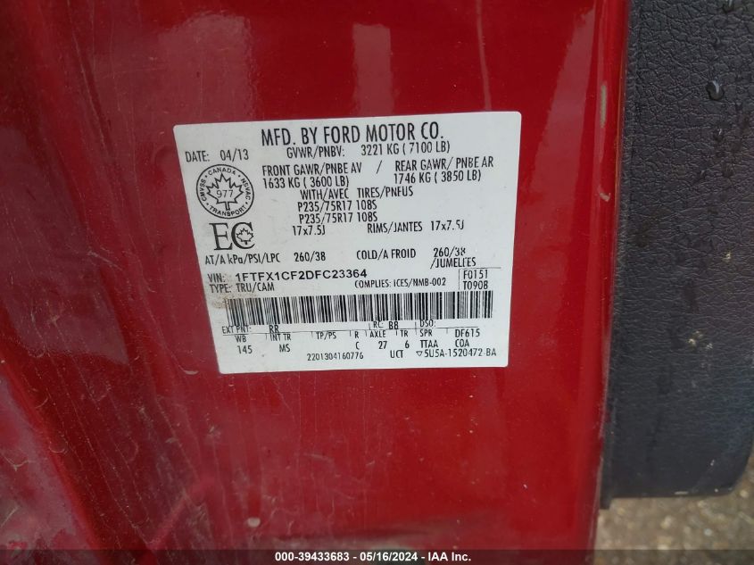 2013 Ford F-150 Xlt VIN: 1FTFX1CF2DFC23364 Lot: 39433683