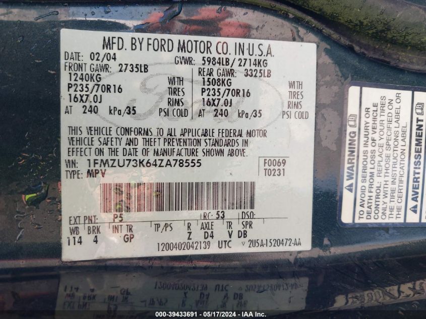 2004 Ford Explorer Nbx/Xlt VIN: 1FMZU73K64ZA78555 Lot: 39433691