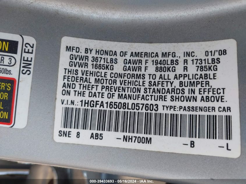 2008 Honda Civic Lx VIN: 1HGFA16508L057603 Lot: 39433693