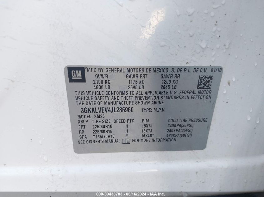 2018 GMC Terrain Slt VIN: 3GKALVEV4JL286960 Lot: 39433703