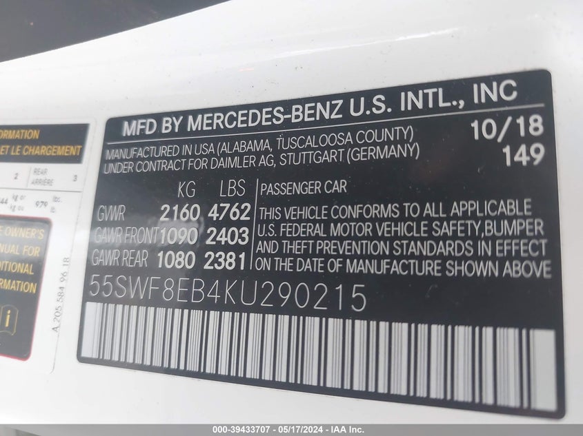 VIN 55SWF8EB4KU290215 2019 MERCEDES-BENZ C 300 4MATIC