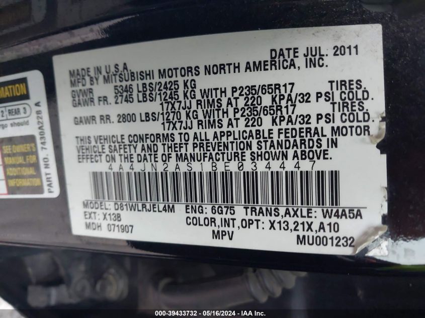 2011 Mitsubishi Endeavor Se VIN: 4A4JN2AS1BE034447 Lot: 39433732