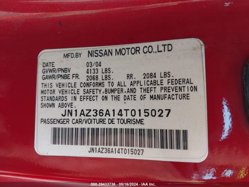2004 Nissan 350Z VIN: JN1AZ36A14T015027 Lot: 39433736