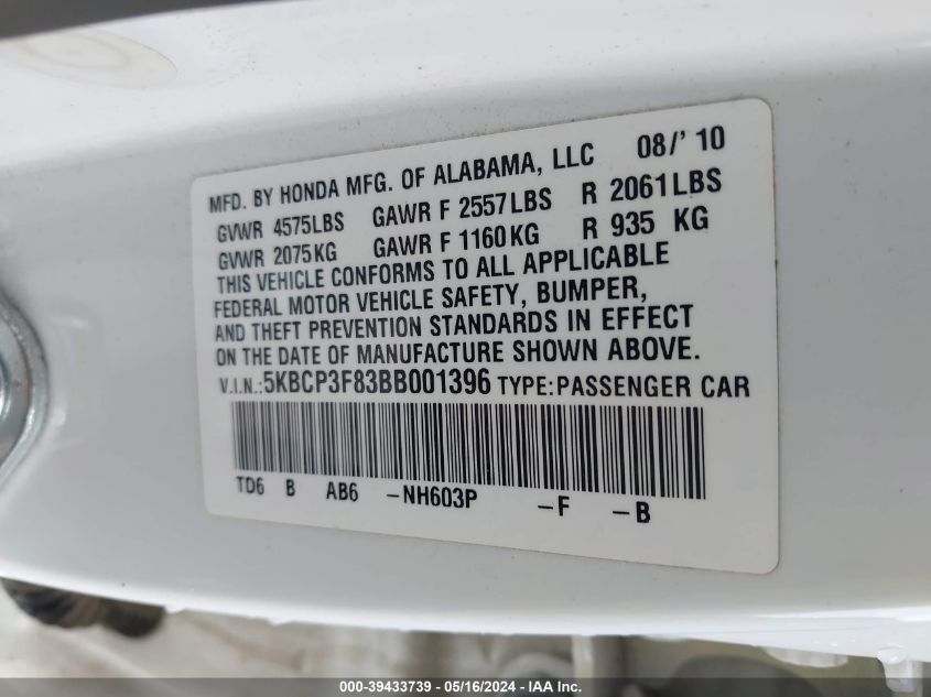2011 Honda Accord 3.5 Ex-L VIN: 5KBCP3F83BB001396 Lot: 39433739