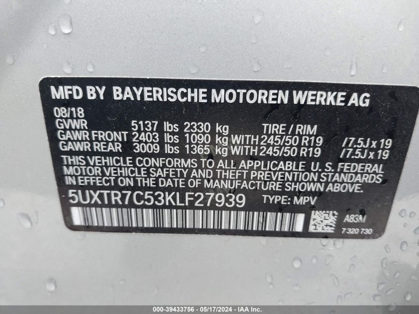 2019 BMW X3 Sdrive30I VIN: 5UXTR7C53KLF27939 Lot: 39433756