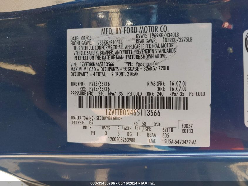 2006 Ford Mustang V6 VIN: 1ZVFT80N465113566 Lot: 39433786