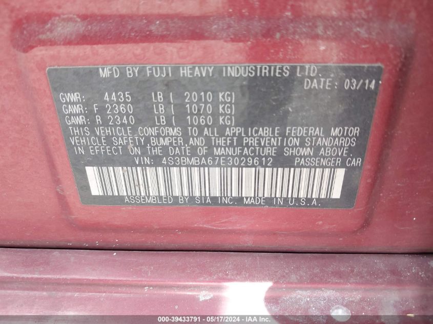 2014 Subaru Legacy 2.5I VIN: 4S3BMBA67E3029612 Lot: 39433791