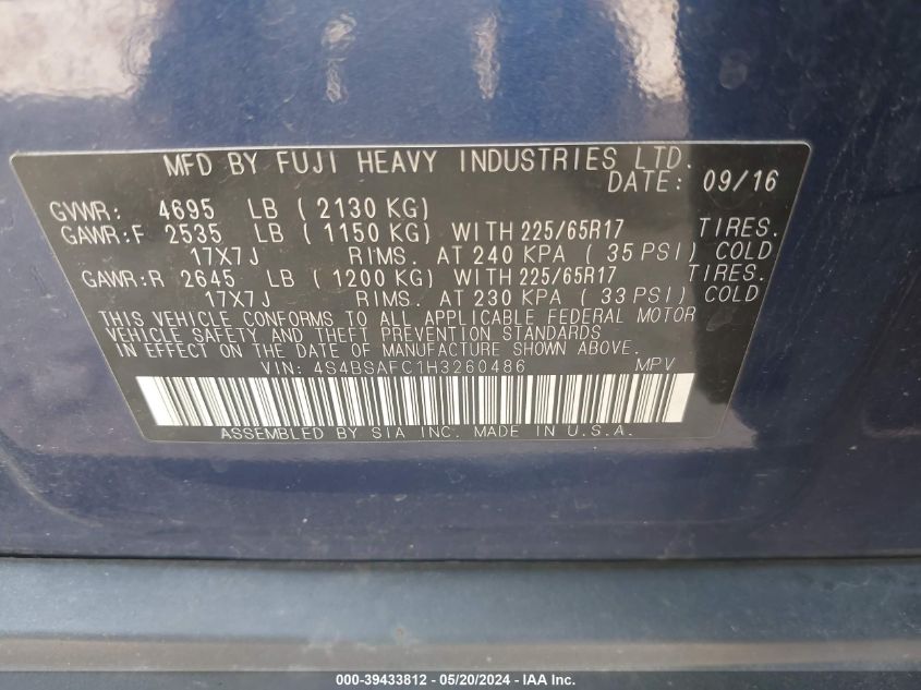 2017 Subaru Outback 2.5I Premium VIN: 4S4BSAFC1H3260486 Lot: 39433812