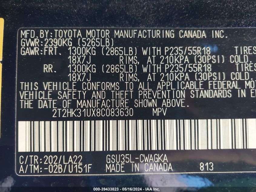 2008 Lexus Rx 350 VIN: 2T2HK31UX8C083630 Lot: 39433823