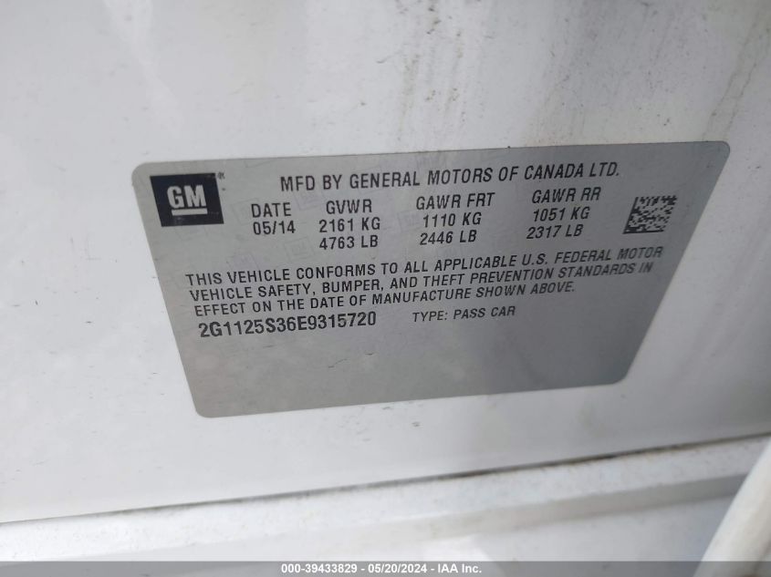 2014 Chevrolet Impala 2Lt VIN: 2G1125S36E9315720 Lot: 39433829