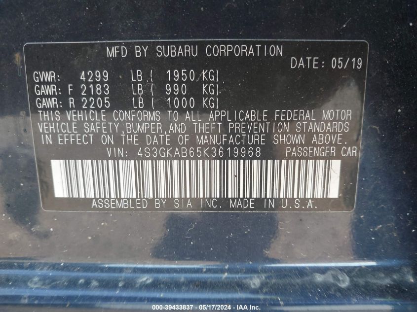 2019 Subaru Impreza VIN: 4S3GKAB65K3619968 Lot: 39433837