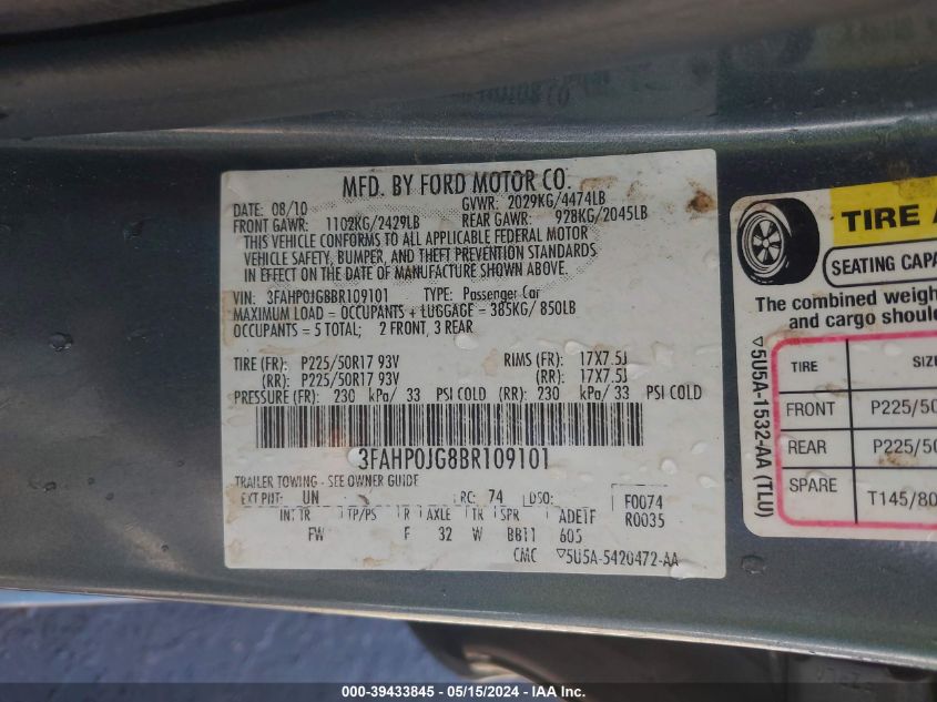 2011 Ford Fusion Sel VIN: 3FAHP0JG8BR109101 Lot: 39433845